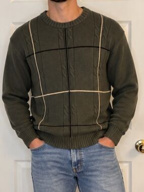 Oscar De Larenta Vintage Mens Olive Cable Knit Crewneck Sweater Contrast Grid XL